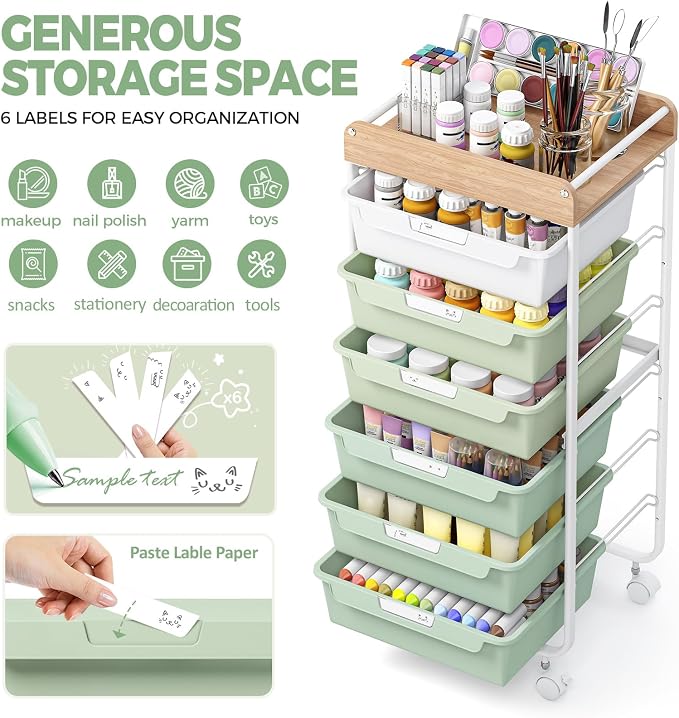 6 Drawer Rolling Cart for Craft Storage, Utility Drawer Organizer - Image 5