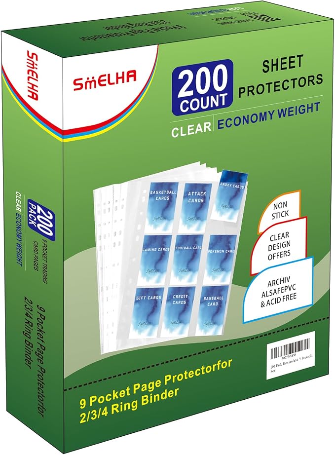 9 Pocket Page Protector, 200 Pack Trading Card Sleeves by SMELHA