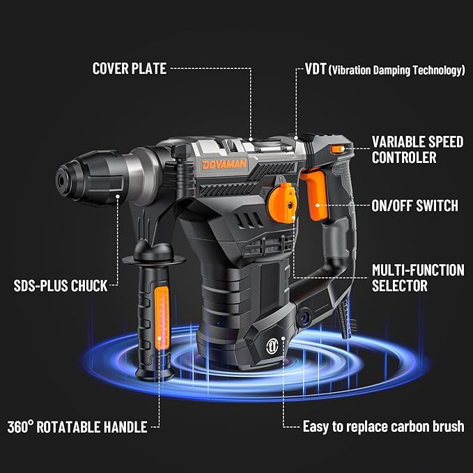 RH15A 1-9/16'' SDS-Plus Rotary Hammer Drill, 12.5Amp Heavy Duty Rotary Hammer with 4 Functions, Safety Clutch, Vibration Control, Corded Demolition Hammer for Concrete, Drill Bits and Chisels Included