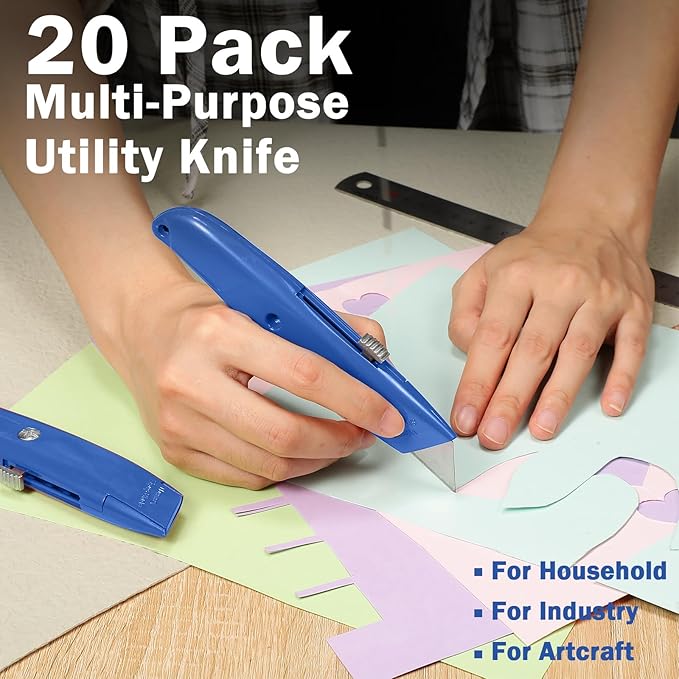 Reginary 20 Pcs Box Cutter Bulk Retractable Utility Knife Heavy Duty Aluminum Alloy Razor Knife for Cardboard Box Carton Opener for DIY, Factory, Home Office(Dark Blue)