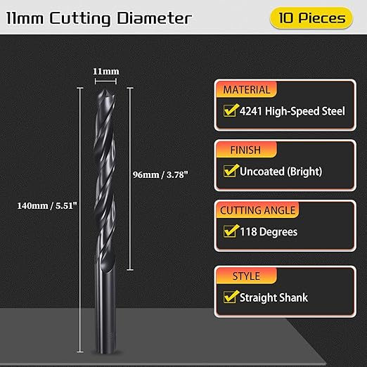 Drill Bit, 11mm Cutting Diameter, 4241 HSS Nitriding Black 118° Cutting Angle Versatile Jobber Bits - (Applications: for Drilling Plastic Wood Soft Metal), 10-Pieces