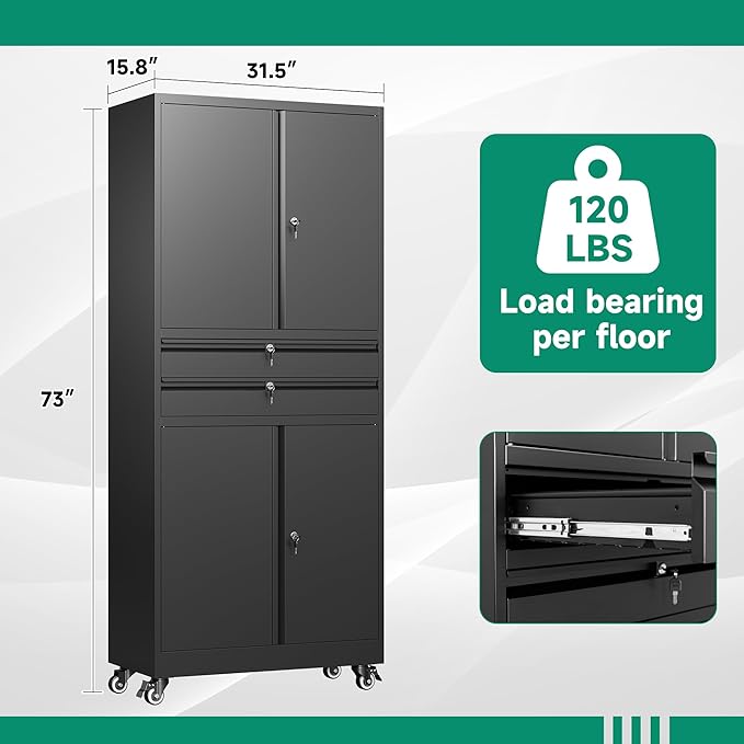 Letaya Metal Garage Storage Cabinet with Wheels,Rolling Tool Cabinet with 4 Door Lock-Adjustable Shelves and 2 Drawer for Garage Home Office Utility Room (Black with Wheels)