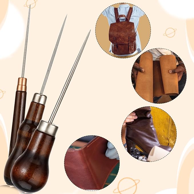 3 Pcs Awl Tool Set Scratch Awl Tool with Wooden Handle Gourd Piercing Bradawl Needle Tools Shape Pin Punching for Leather Punch Hole Craft Repair Shoes (Reddish Brown)