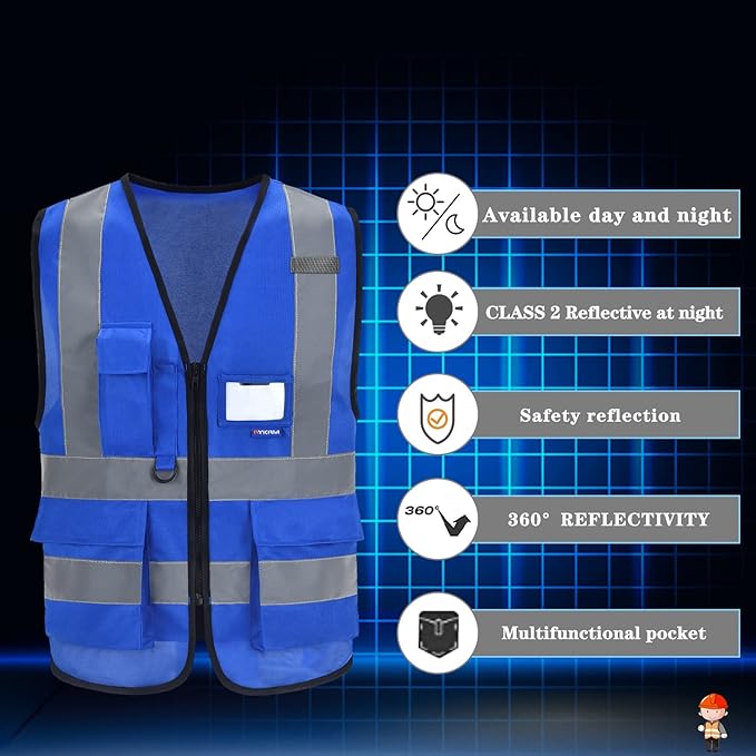 A-SAFETY Blue High Visibility Reflective Safety Vest,Hi Vis Bright Neon Color with 4 Reflective Strips 8 Pockets,X-Large