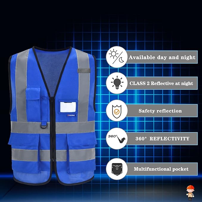 A-SAFETY Blue High Visibility Vest Reflective Safety Vest,Hi Vis Bright Neon Color with 4 Reflective Strips 7 Pockets,XXXL