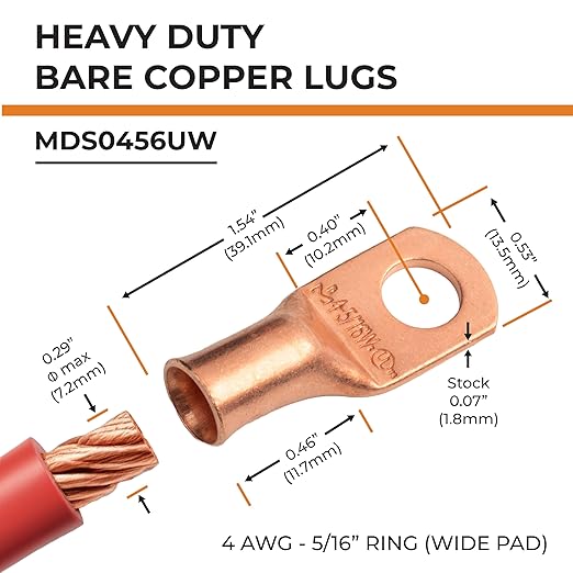 SELTERM 2pcs 4 AWG 5/16" Stud (Wide Pad) Copper Wire Lugs,Battery Lugs,Ring Terminals,Battery Cable Ends, 4 Guage Ring Terminal Connectors,UL Heavy Duty Bare Copper Eyelets Battery Terminal Connectors