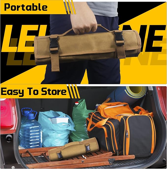 Wrench Roll 32 Pockets, Heavy-Duty 16 oz. Waxed Canvas Wrench Roll Up Bag Holds Wrench Wrap for Metric and SAE Wrenches, Wrench Pouch with Buckles and Handle, Sturdy Wrench Tool roll (Khaki)