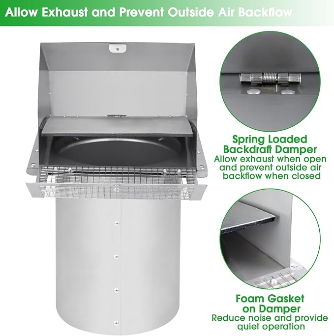8 inch Wall Vent Ccover,Exhaust Vent Hooded Wall Vent with Screen and Damper,Outdoor Wall Exhaust Vent Cap Exterior Air Vent Cover for Kitchen Range Hood HVAC Duct Dryer Ventilation,Stainless Steel