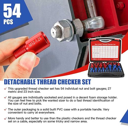 Nut and Bolt Thread Checker - 54 PCS Nut and Bolt Gauges Individually Housed in Case (27 Inch & 27 Metric) Specially Suitable for Size Check on Tricky and Narrow Area