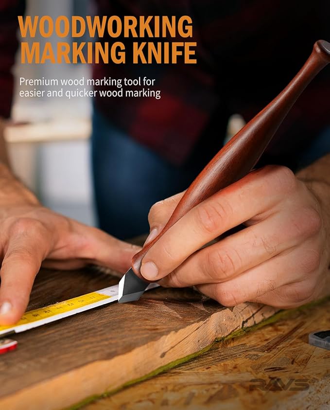 RAVS Marking Knife Woodworking and Leather Sheath, Double Bevel Striking Woodworking Marking Knife, Rosewood Handle Scribing Knives with Leather Sheath, High Carbon Steel Blade with Titanium Coating