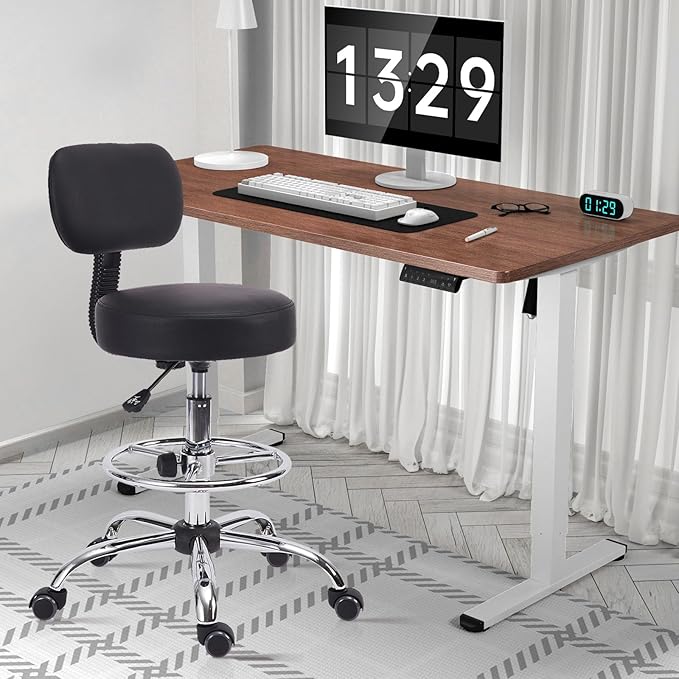 Drafting Chair with Backrest, Adjustable Foot Rest Height Rolling Stool with Wheels, Leather Swivel Work Shop Office Stools Chairs, Thick Seat Cushion Tall Kitchen Home Bar Stool - Black