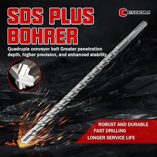 CSOOM SDS Plus Rotary Hammer Drill Bit 1/2"x12.2", Professional Concrete Drill Bit for Concrete, Brick, Stone and Cement Walls