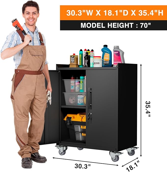 Storage Cabinet with Wheels,Locking Storage Cabinet with Drawer and Adjustable Shelf, Metal Cabinet,Rolling Tool Cabinets for Garage, Assembly Required (18.1" D x 30.3" W x 35.4" H)