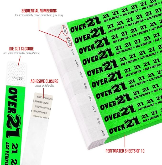 500 WristCo Over 21 Green - Tyvek Wristbands for Events - ¾” x 10” - Waterproof Recyclable Comfortable Tear Resistant Paper Bracelets Wrist Bands for Concerts Festivals Admission Party