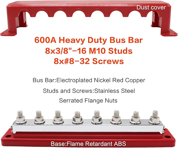 600 A High Current Copper Bus Bar 300V AC / 48V DC 8 Way 3/8 inch (M10) Studs 8#8-32 Screws Electrical Terminal Ground Distribution Block Battery Buss Bars with Cover (Red)