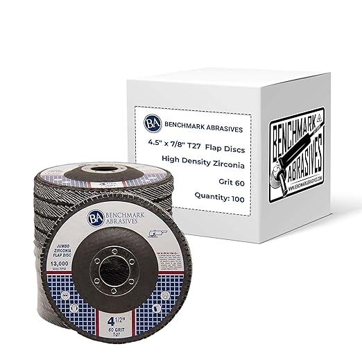 Benchmark Abrasives 4.5" x 7/8" Premium High Density Jumbo Zirconia Type 27 Flap Discs 4 1/2 for Angle Grinder, Sanding Discs, Finishing - Grinding Wheels 4 1/2 inch - (100 Pack) - 60 Grit
