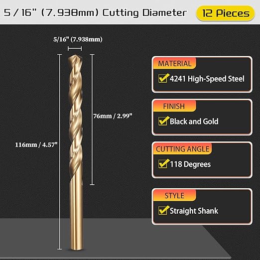Drill Bit, 5/16" Cutting Diameter (7.938mm), 4241 HSS Black and Gold 118° Cutting Angle Versatile Jobber Bits - (Applications: for Drilling Plastic Wood Soft Thin Metal), 12-Pieces