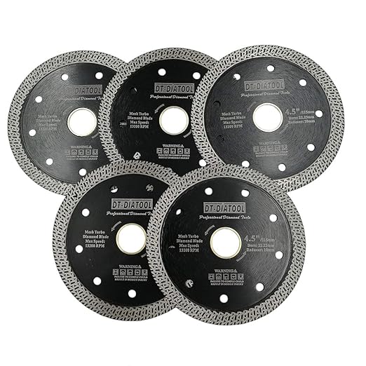 DT-DIATOOL Diamond Granite Blade 4-1/2 Inch for Marble Porcelain Tile Ceramic Diamond Cutting Disc with Mesh Turbo Diamond Segments Pack of 5
