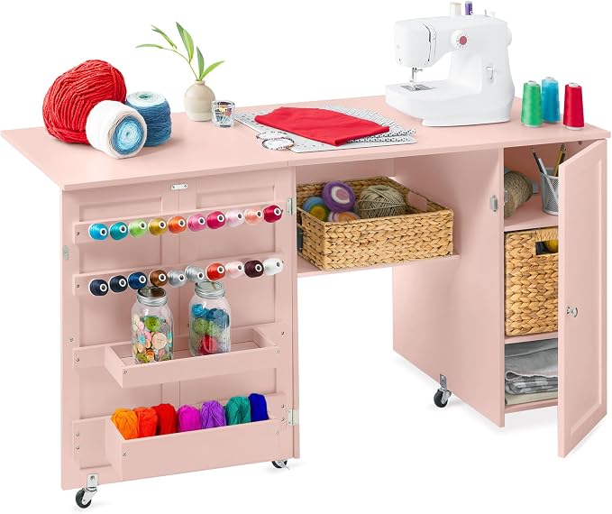 Best Choice Products Large Folding Sewing Table, Caster Wheels, Storage Shelves by Unknown