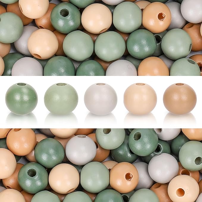 Whaline 240 Pcs Sage Green Beige Wood Beads Natural Color Round Loose Beads by Whaline