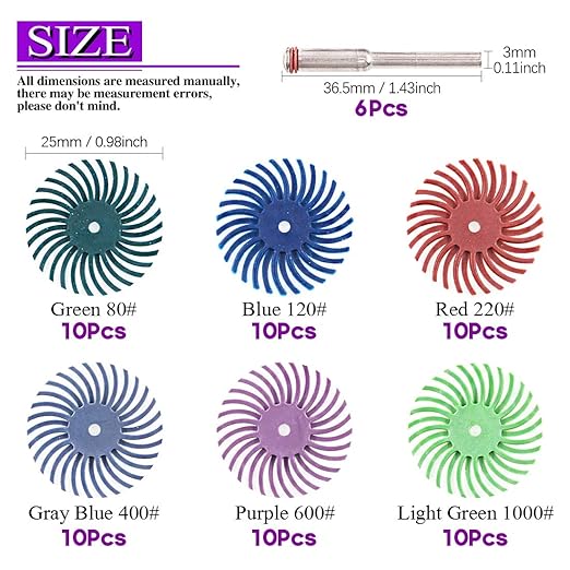 Swpeet 66Pcs 1 Inch 6 Mixed Grit 80/120/220/400/600/1000 Radial Bristle Disc Abrasive Brush Gap Polishing Pad Buffing Wheel Assortment Kit with 1/8" Shank for Rotary Tools Cleaning Finishing Deburring