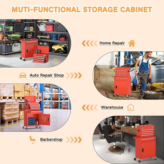5-Drawer Rolling Tool Chest with Wheels, Lockable Metal Tool Box with Drawers, Detachable Top Cabinet & Storage Cart for Garage Workshop,Repair Room(Red)
