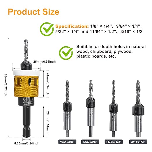 Countersink Drill Bit Set for Wood,7 PCS Counter Sink Drill Bit with HSS Tapered Drill Bits and 1/4" Hex Shank Quick Change for Woodworking with Storage Box