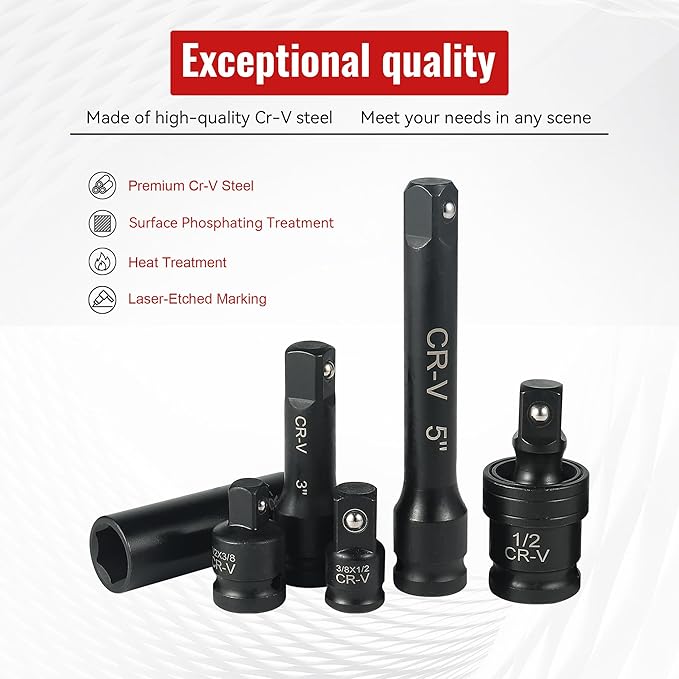 25-Piece 1/2" Drive Socket Set, Metric(10mm-32mm), Deep Sockets, Extension Bars, 1/2" F to 3/8" M Reducer,3/8" F to 1/2" M Reducer, Universal Joint, 6 Point Design, Cr-V