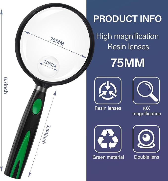 Feosky Handheld Reading Magnifier, 10X Magnifier, 75mm Shatterproof Lens - Image 2