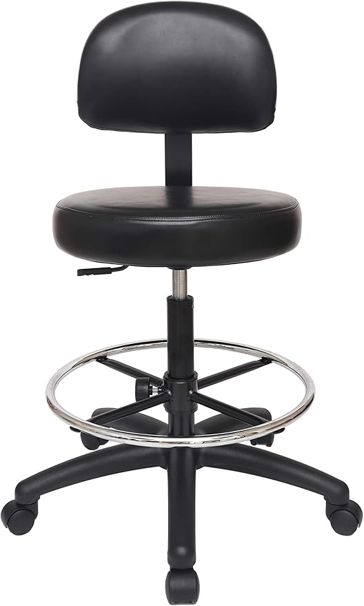 Chair Master Round Vinyl Chair/Stool-Black-for Garage, Counters, Shop, Kitchen, Computer Desks, Drafting Tables. EASY to CLEAN! (Soft Non-Marking Casters, Tall Bench/Drafting 24"-34")
