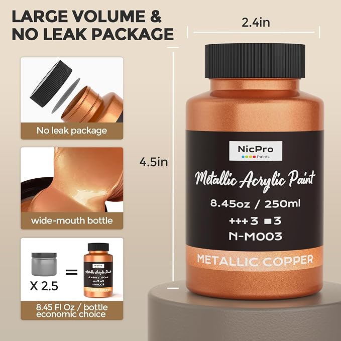 Nicpro Metallic Copper Acrylic Paint, 8.45oz/250ml Large Copper Leaf Paint | - Image 7