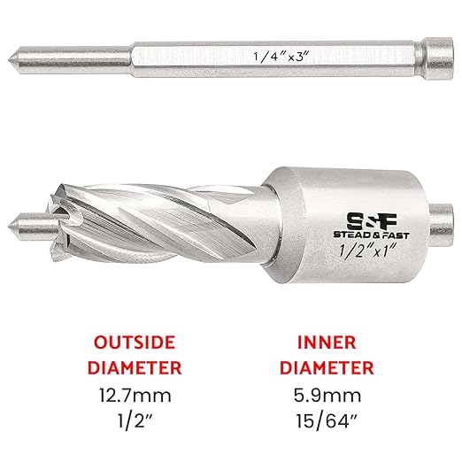S&F STEAD & FAST - Annular Cutter, 1/2-inch Diameter x 1-inch Depth of Cut for Magnetic Drill Press, Mag Drill Bits with Pilot Pin