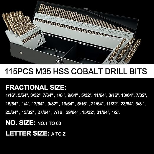 115Pcs Cobalt Drill Bit Set (1/16"-1/2"), M35 HSS, 135 Degree Tip, Twist Jobber Length for Hardened Metal, Stainless Steel, Cast Iron, Wood, and Plastics, with Index Storage Case