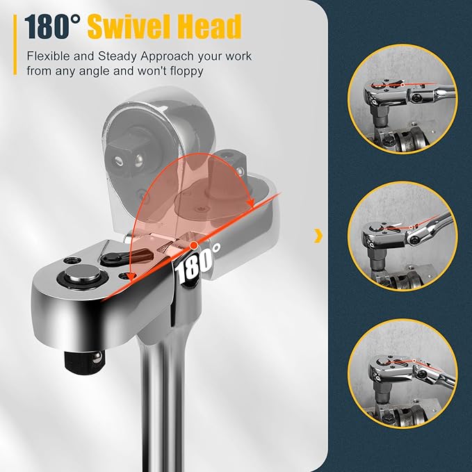 3/8" Drive Flex Head Ratchet, 72 Tooth Swivel Head Ratchet, Quick-Release, CR-V Steel, Flexible Ratchet Wrench with EVA Foam | 10 Inch Long