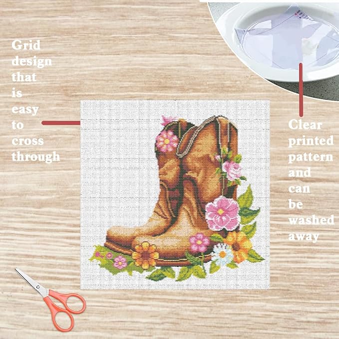 FREEBLOSS DIY Cross Stitch Wall Hanging Kit Boots Full of Flowers Stamped Cross - Image 3