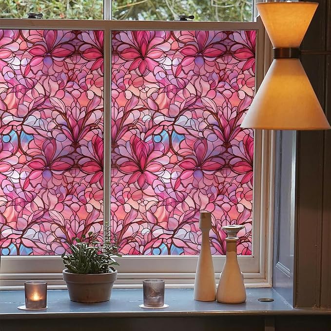 Pink Peach Floral Stained Glass Window Films Decorative Double-Side Privacy - Image 3