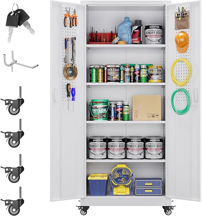 73 Inches Metal Storage Cabinet on Wheels,Garage Storage Cabinet with Wheels and 4 Adjustable Shelves,Rolling Cabinets for Garage,Office,Warehouse,Assemble Required(White)