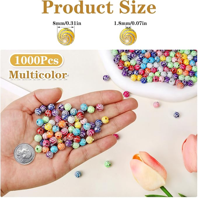 1000PCS 8mm Acrylic Beads for Bracelets, Colorful Round Sparkle Spiral Bead - Image 2
