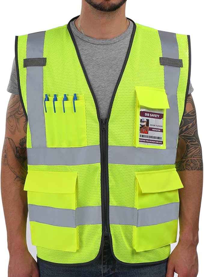 Dib Safety Reflective Vest Mesh, High Visibility Vest with Pockets and Zipper, Construction Work Vest ANSI Class 2,Yellow Mesh S