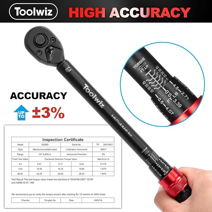 Toolwiz 3/8-Inch Drive Click Torque Wrench 5-45 Ft-Lb/6.8-61 Nm, ±3% High Accuracy Dual Direction Adjustable 72 Tooth Torque Wrenches Tool for Bike, Motorcycle, MTB, Car Repair