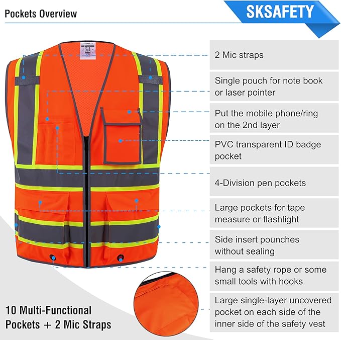 SKSAFETY 10 Pockets Safety Vest, Class 2 High Visibility Security with Zipper Back Mesh, Hi Vis Vest with Reflective Strips, ANSI/ISEA Standard, Construction Work Vest for Men ＆ Women （Orange, 3XL）