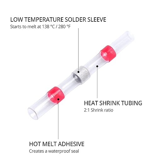 Wirefy 150 PCS Solder Seal Wire Connectors - Heat Shrink Solder Butt Connectors - Waterproof Solder Sleeves - Self Soldering Wire Connectors - Red 22-18 AWG
