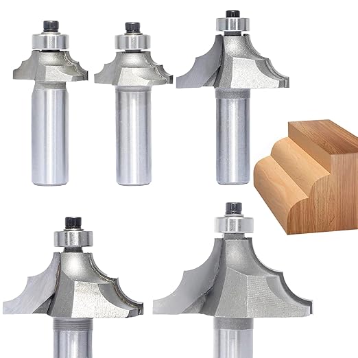 5Pcs Bearing Guided Bead Ovolo Bit Set,1/2" Shank Double Ribbed Ovolo Bits with Twin Arc,Rounding Over Radius 1/8”,5/32",9/32",5/16" and 3/8" for Wood Edging,Profiling,Molding
