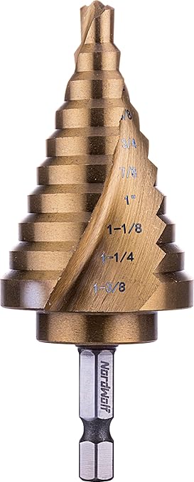 NordWolf HSS Titanium SAE Step Drill Bit, Spiral Groove Double Flute Unibit with 1/4" Hex Shank for Sheet Metal, 10 Imperial Step Sizes 1/4" to 1-3/8"