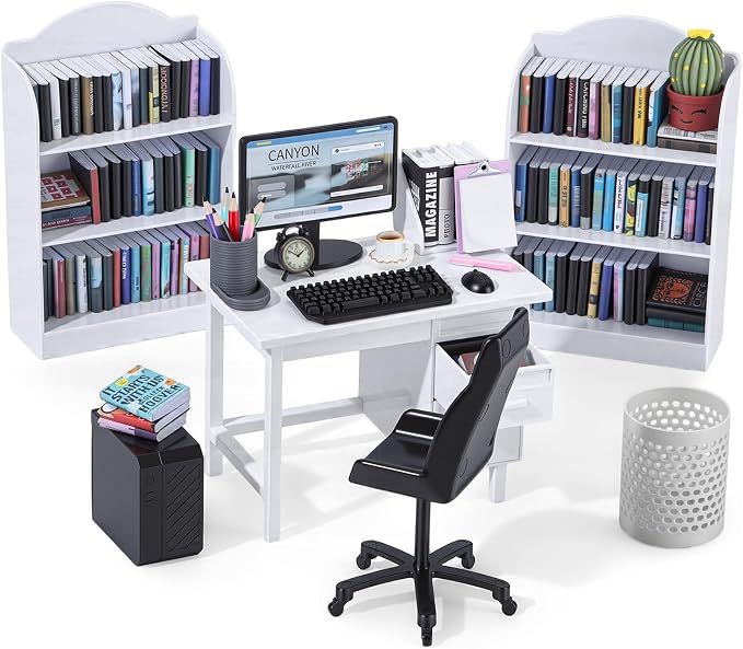1:12 Scale Mini Desk Set with 100 Mini Books & 2 Bookshelves — Miniature by Unknown