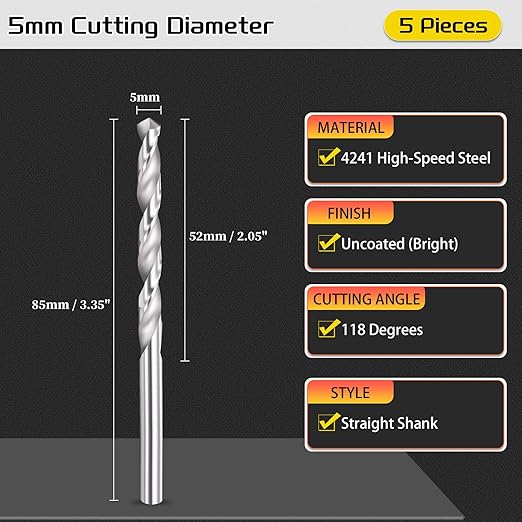 Drill Bit, 5mm Cutting Diameter, 4241 HSS 118° Cutting Angle Uncoated Bright Versatile Jobber Bits - (Applications: for Drilling Plastic Wood Soft Metal), 5-Pieces