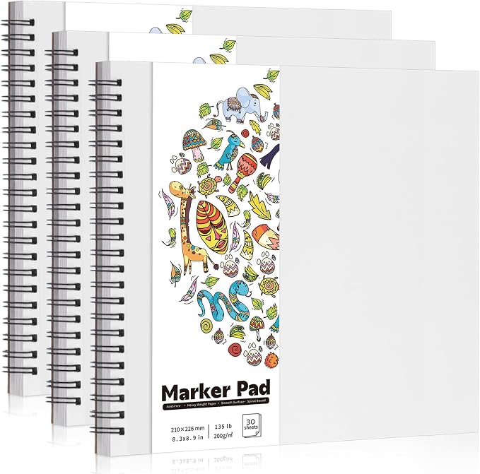 3 Pack Marker Paper Pad, 8.3×8.9in Double Sided Bleedproof Sketch Pad, by Prudiut