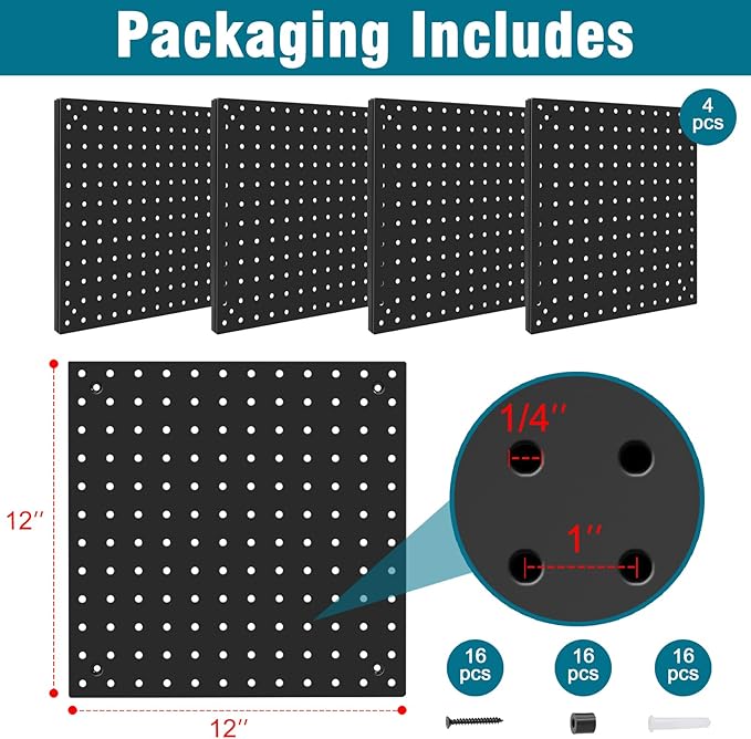 Peg Board,Steel Organization Panels, Ideal for Garage Tool Storage, Office Organization, Craft Room, Kitchen,Pack of 4 (Black, 4-12X12)