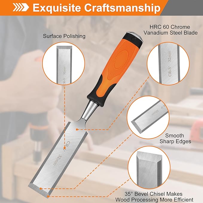 KINGBRO 6 Pcs Wood Chisel Sets, Wood Chisels for Carbon Steel Woodworking with Steel Hammer End, Durable PP+TPR High Impact Handle Wood Chisel, 6/12/19/25/32/38mm
