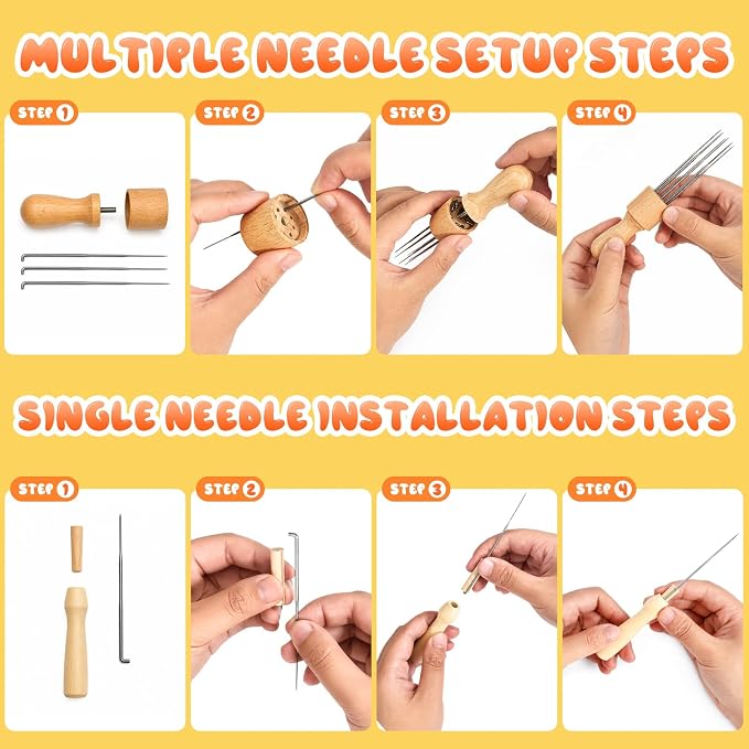 Needle Felting Kit with 8-Needle Tool & 3 Single-Needle Handles | 30 Barbed - Image 3